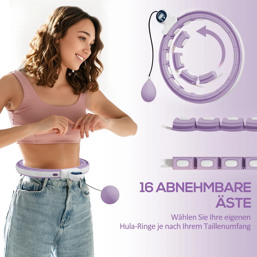 Aosom Išmanusis hula hoop lankas su svorio kamuoliuku ir skaitikliu, 16 segmentų, violetinis, 76-113 cm