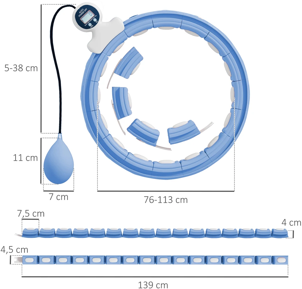 Aosom Išmanusis hula hoop lankas su svorio kamuoliu ir skaitikliu, 16 dalių, šviesiai mėlynas, 76-113 cm