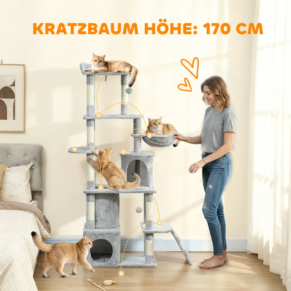 Aosom Katonų draskyklė, 170 cm, šviesiai pilka, su tuneliu ir slėptuvėmis