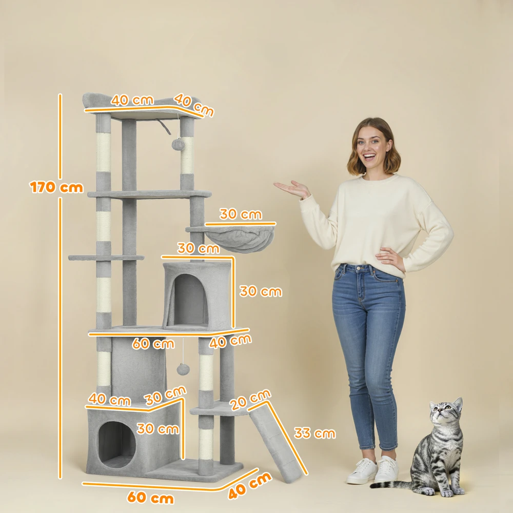 Aosom Katonų draskyklė, 170 cm, šviesiai pilka, su tuneliu ir slėptuvėmis