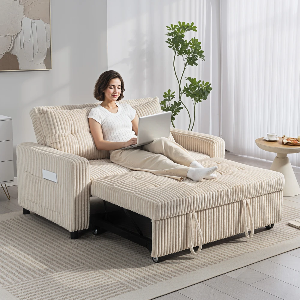 Aosom Kreminė dvivietė ištraukiama sofa-lova su 2 pagalvėmis, 157 × 90 cm