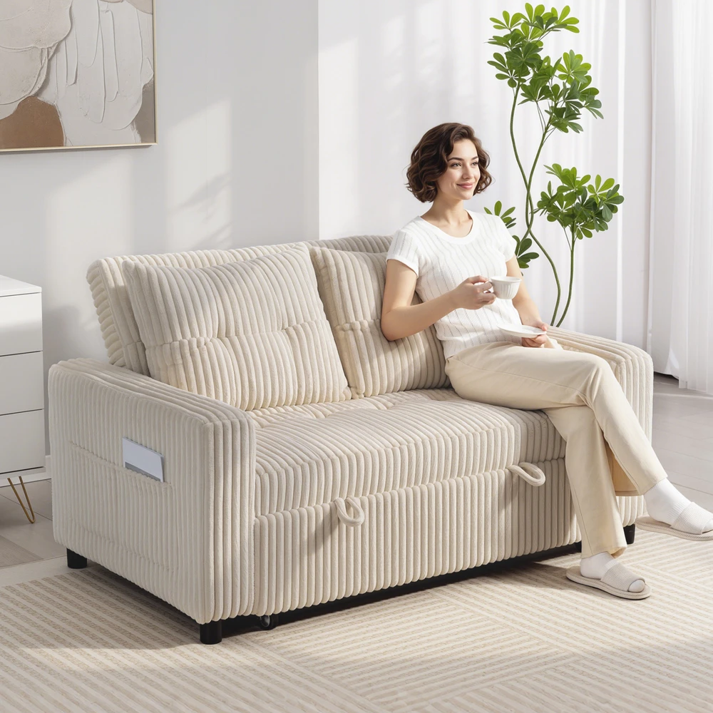 Aosom Kreminė dvivietė ištraukiama sofa-lova su 2 pagalvėmis, 157 × 90 cm