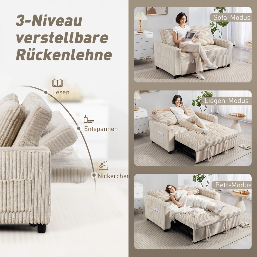 Aosom Kreminė dvivietė ištraukiama sofa-lova su 2 pagalvėmis, 157 × 90 cm