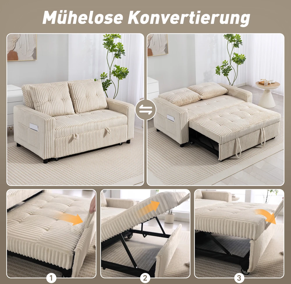Aosom Kreminė dvivietė ištraukiama sofa-lova su 2 pagalvėmis, 157 × 90 cm