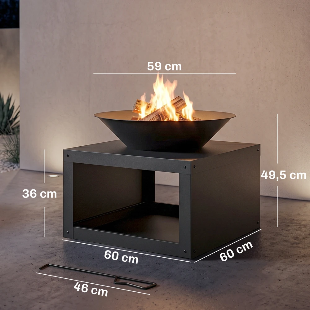 Aosom Lauko ugniakuras su malkų lentyna ir žarstekliu, metalas, juodas, Ø59 cm