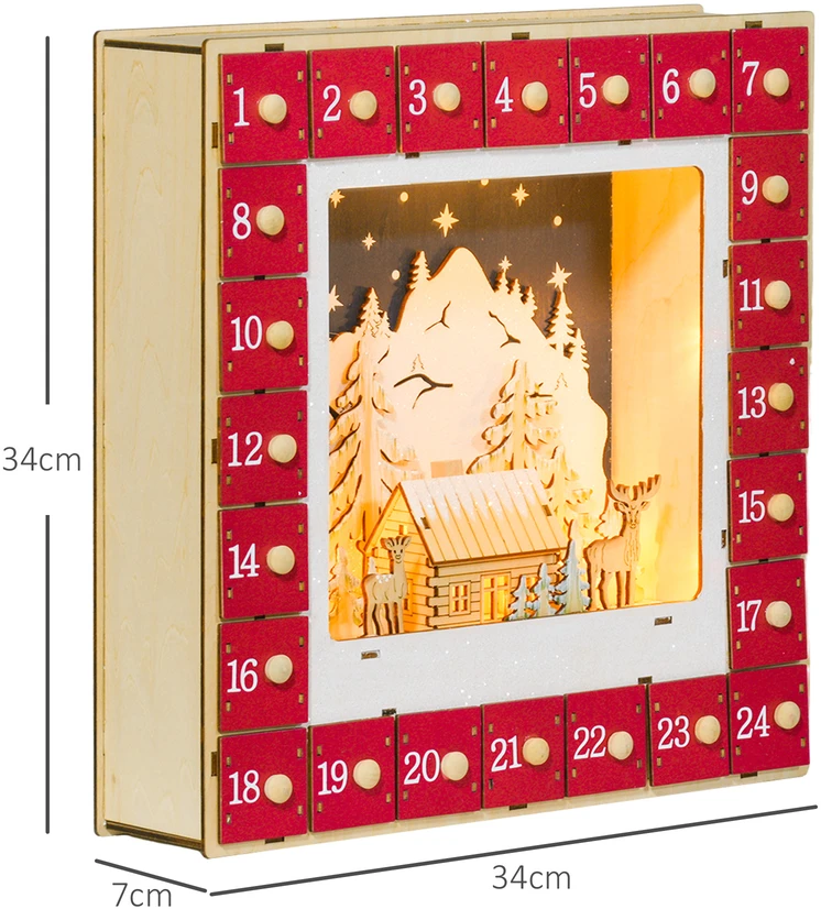 Aosom LED advento kalendorius su kaimo scena, 24 dideli stalčiai, MDF, raudonas, 34 x 7 x 34 cm