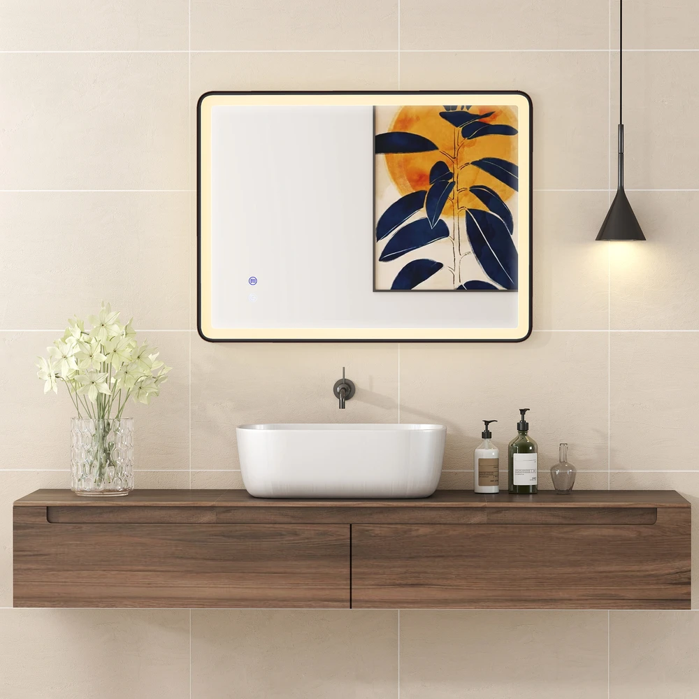 Aosom LED vonios veidrodis su apšvietimu, nuo rasojimo, juodas, 80 x 60 cm