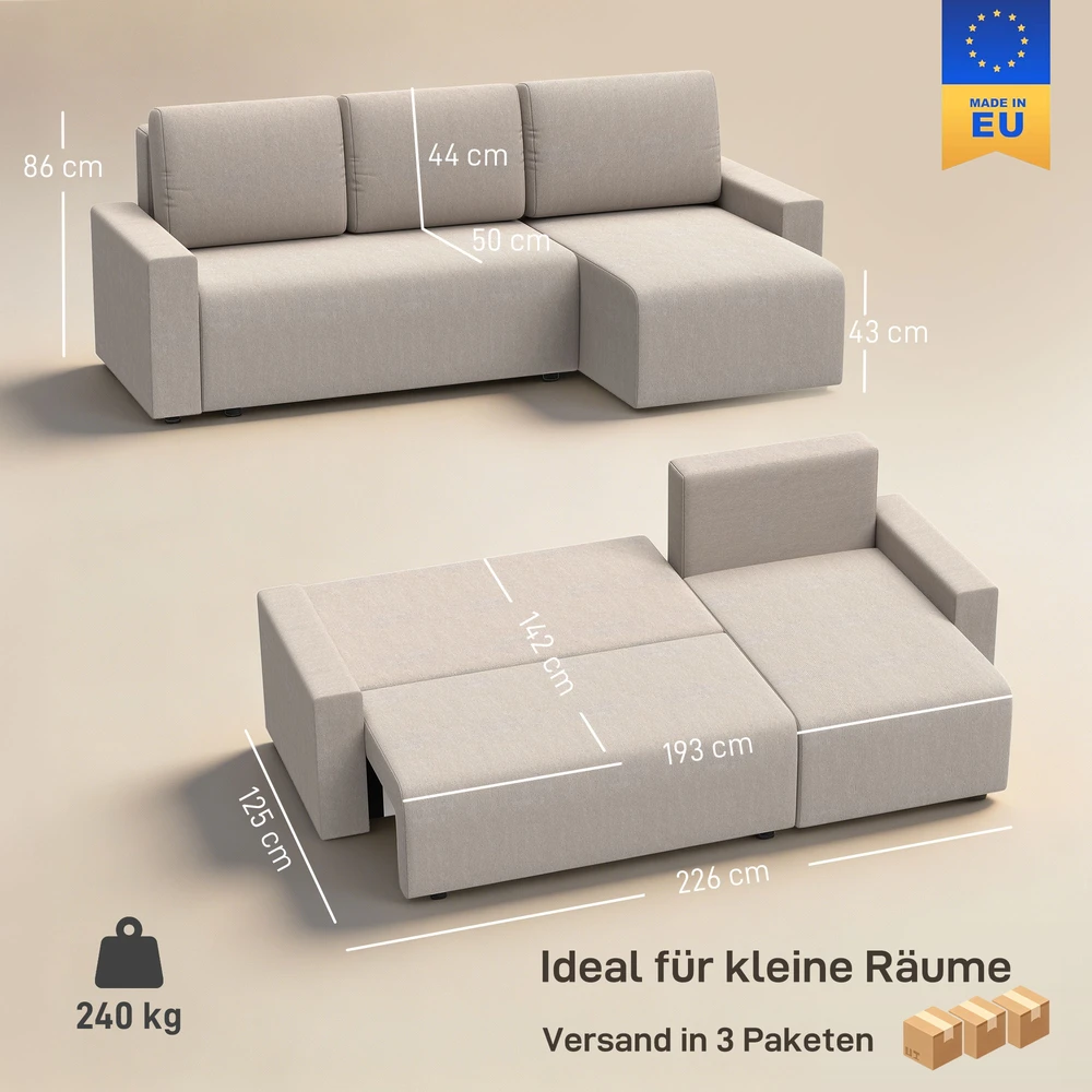 Aosom Miegama kampinė sofa su apverčiama šezlongo dalimi, 3 vietų, smėlio spalvos, 226 x 125 x 86 cm