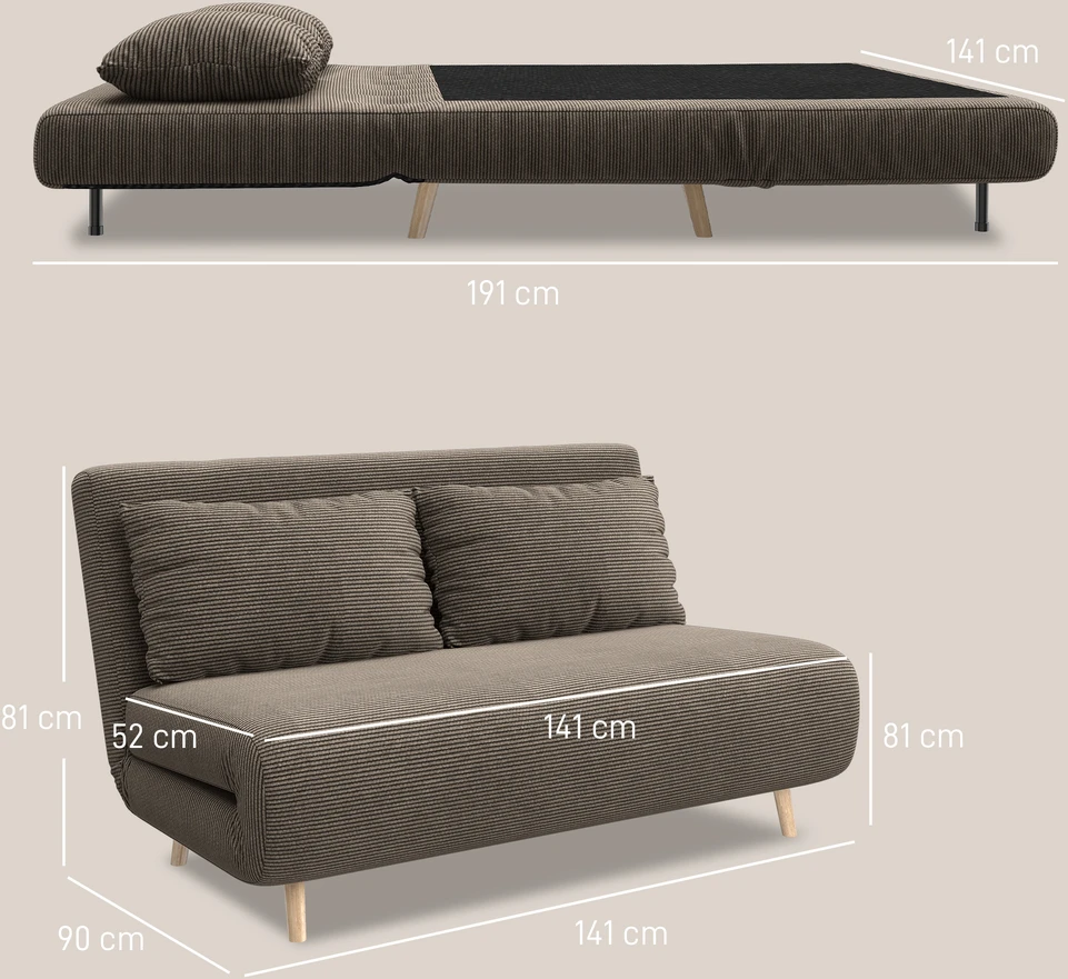 Aosom Miegamoji sofa tamsiai ruda, 2 vietų, su 3 padėčių reguliuojamu atlošu, 141 x 90 x 81 cm