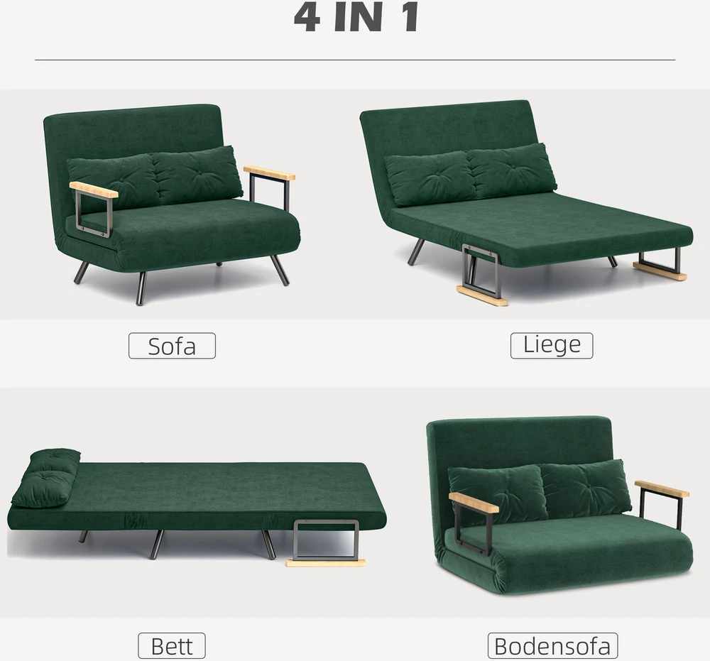 Aosom Minkšta sofa-lova su 2 pagalvėmis, aksomo išvaizdos audinys, žalia, 240 kg