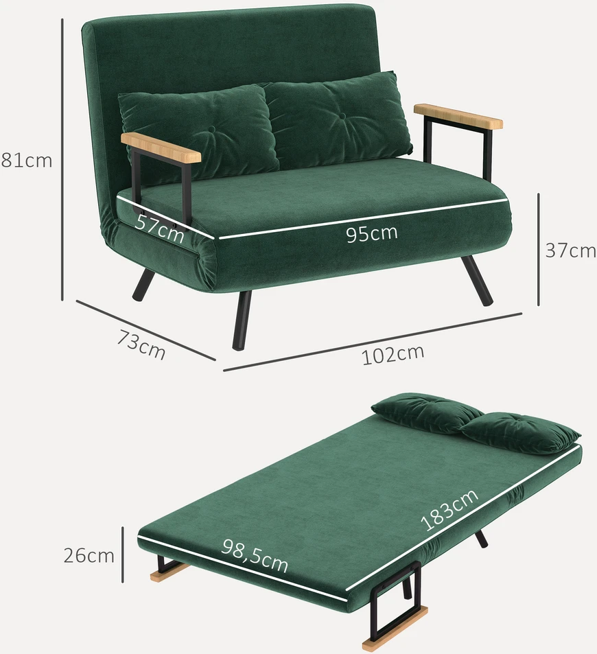 Aosom Minkšta sofa-lova su 2 pagalvėmis, aksomo išvaizdos audinys, žalia, 240 kg