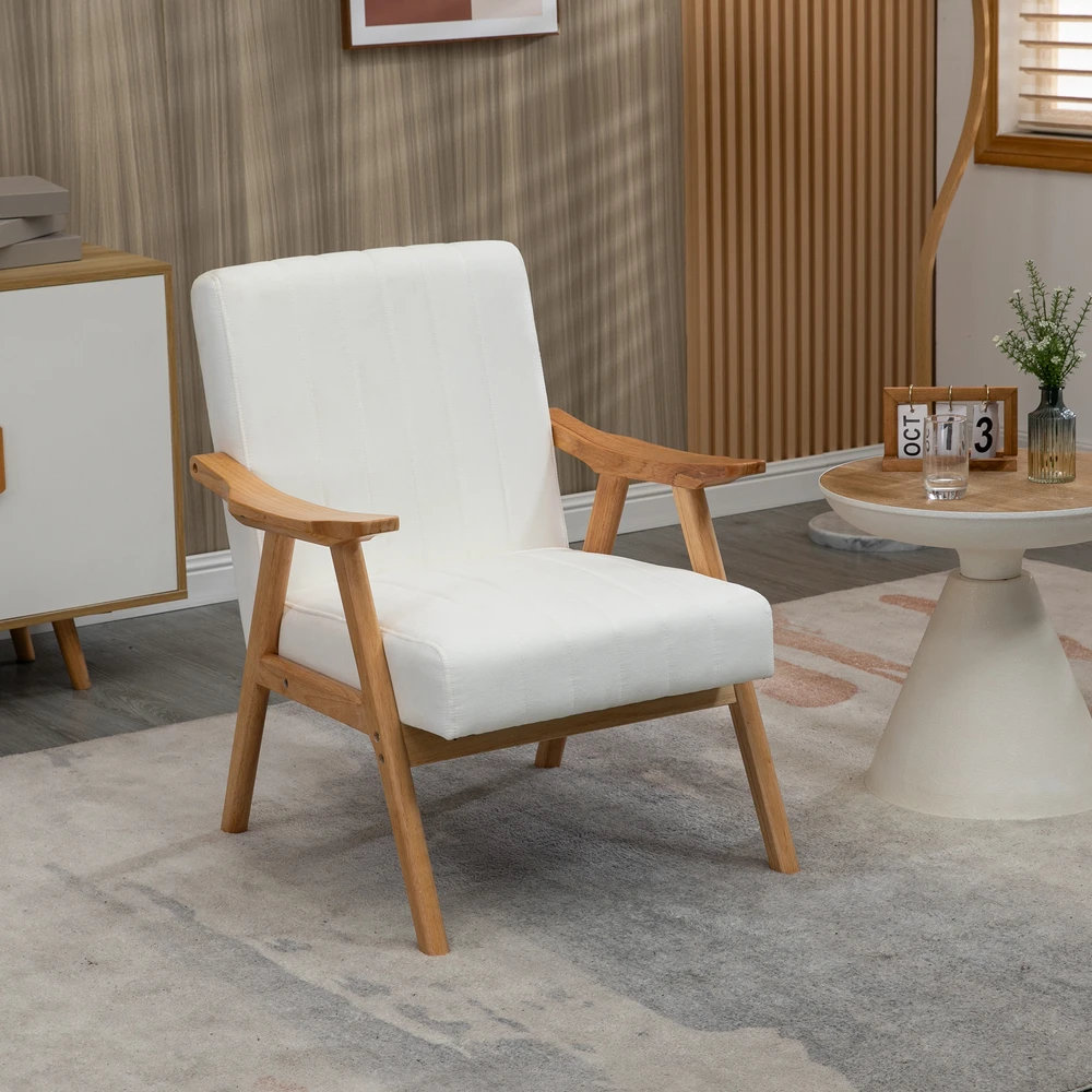 Aosom Minkštas krėslas skandinaviško dizaino, aksomo išvaizda, masyvaus medžio rėmas, kreminė, 68 x 74 x 82 cm