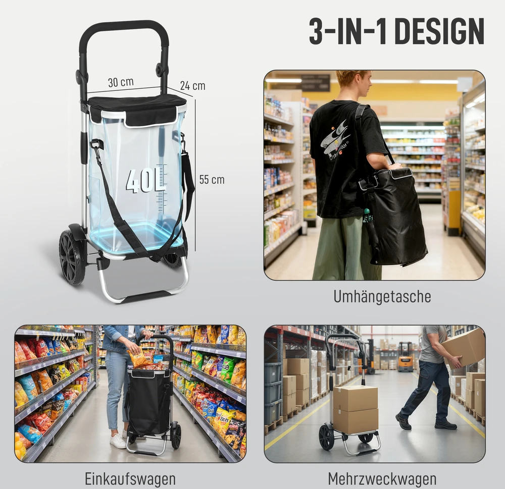 Aosom Pirkinių vežimėlis 3-in-1, sulankstomas, 40 l, juodas, iki 25 kg