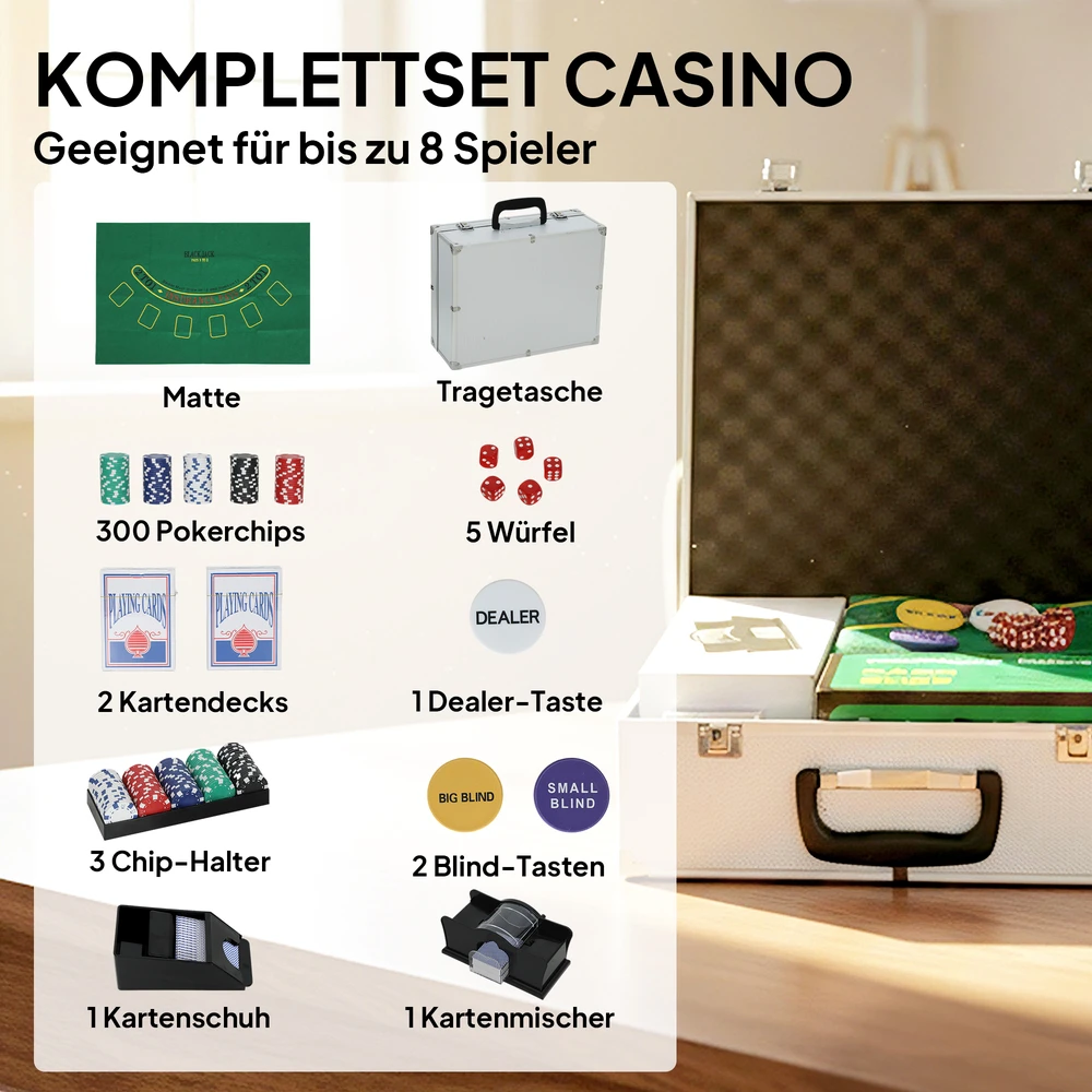 Aosom Pokerio rinkinys, 300 žetonų, sidabrinis, iki 8 žaidėjų