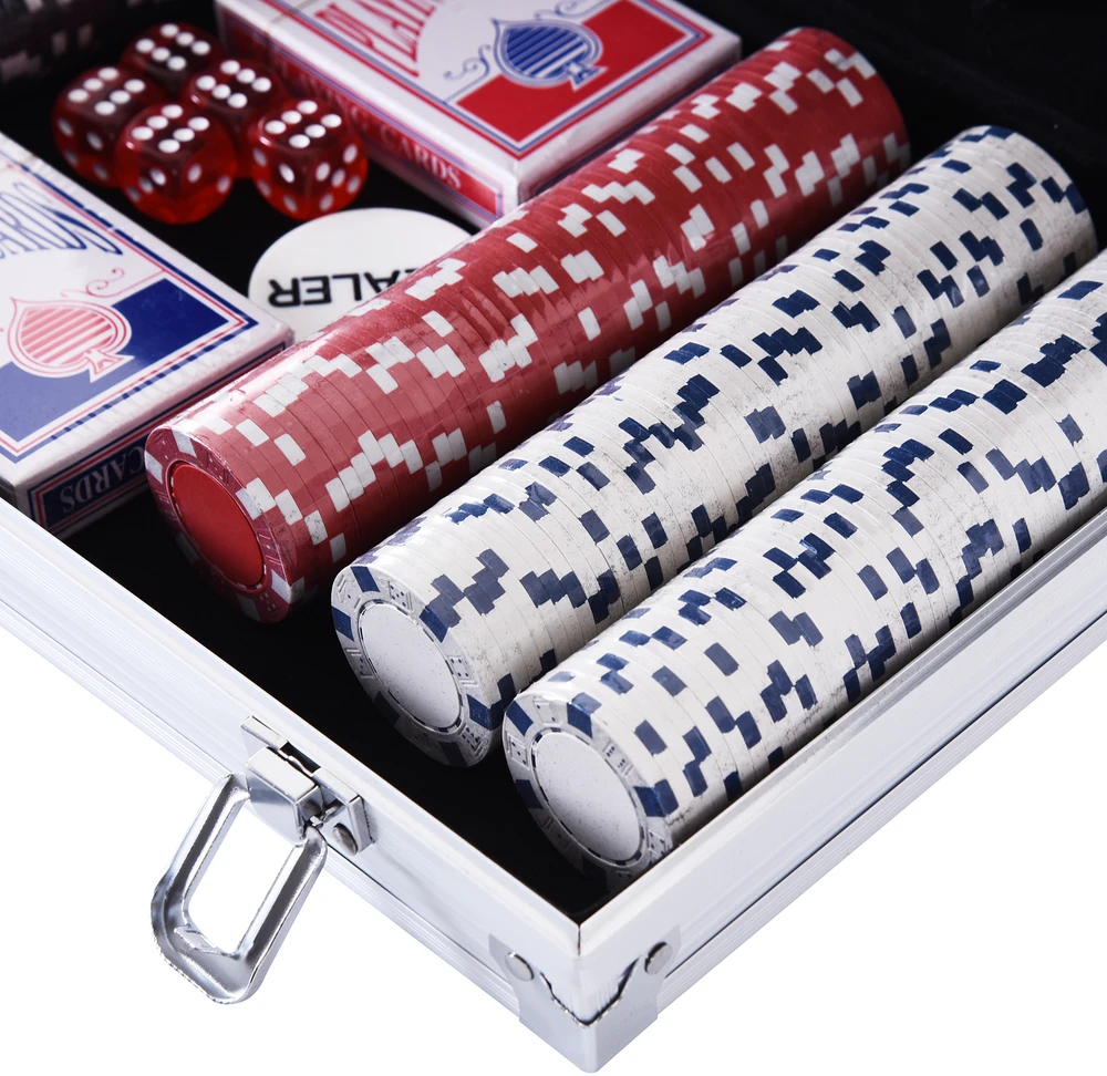 Aosom Pokerio rinkinys aliuminio lagamine, 300 žetonų, 5 kauliukai ir 2 kortų kaladės