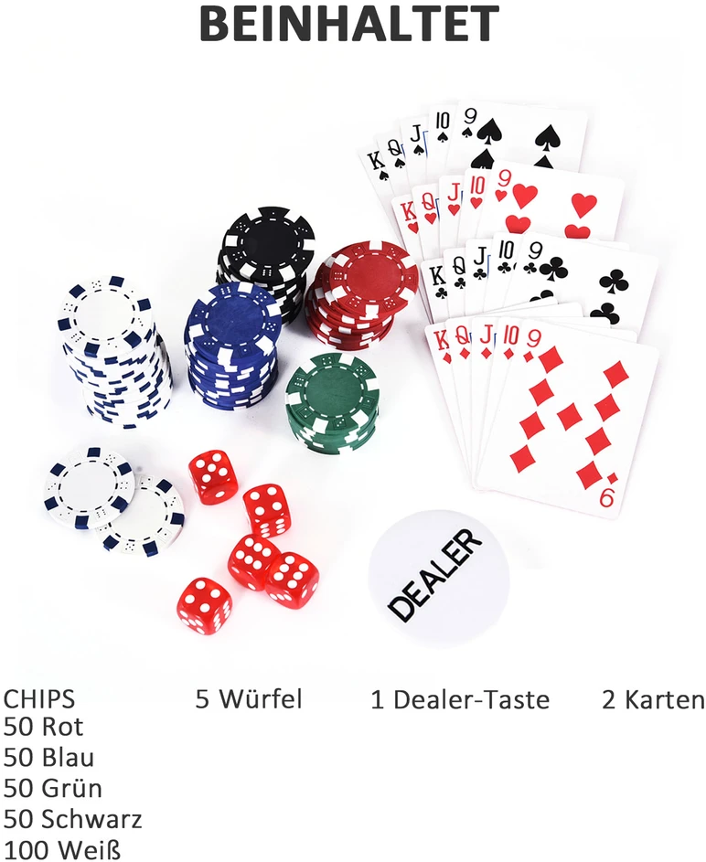 Aosom Pokerio rinkinys aliuminio lagamine, 300 žetonų, 5 kauliukai ir 2 kortų kaladės