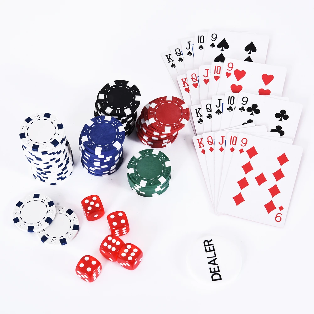 Aosom Pokerio rinkinys aliuminio lagamine, 300 žetonų, 5 kauliukai ir 2 kortų kaladės