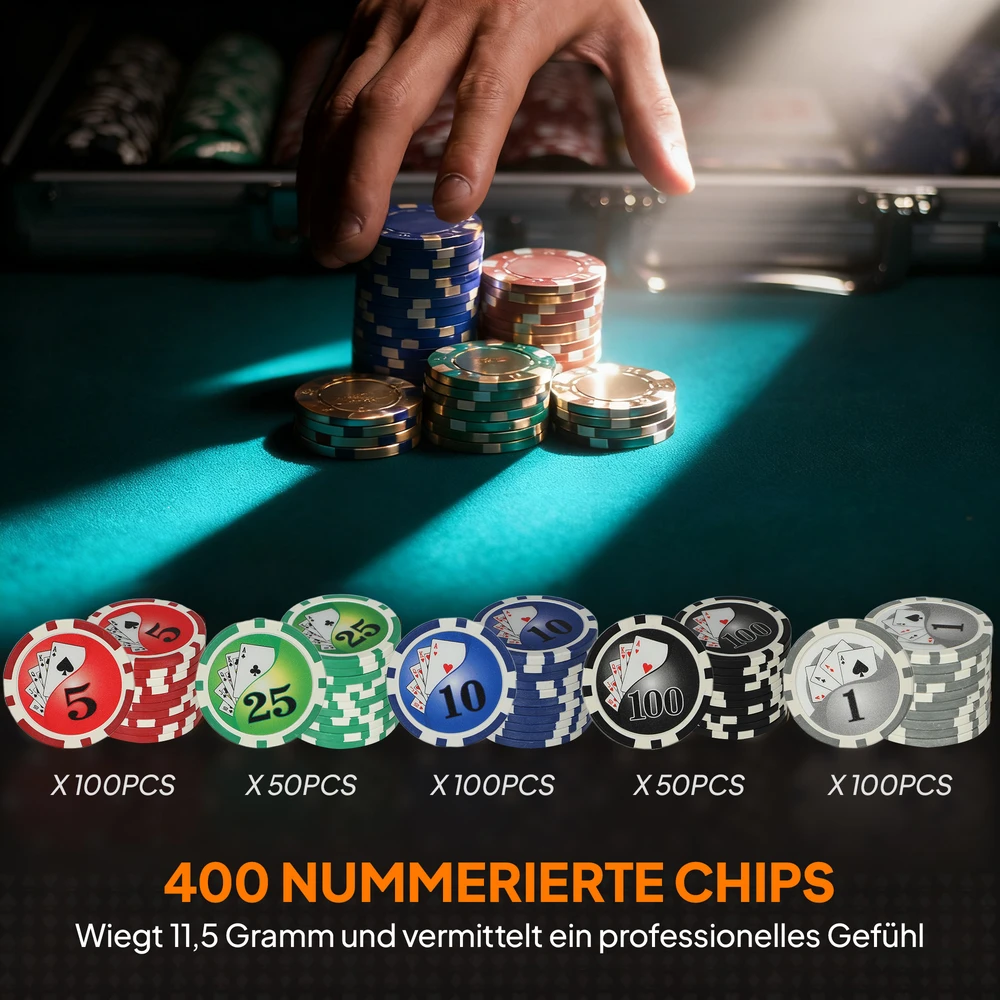 Aosom Pokerio rinkinys, nešiojamas lagaminas, 400 žetonų, 2 kortų kaladės, 5 kauliukai, dalintojo diskas, pagrindas, pilka
