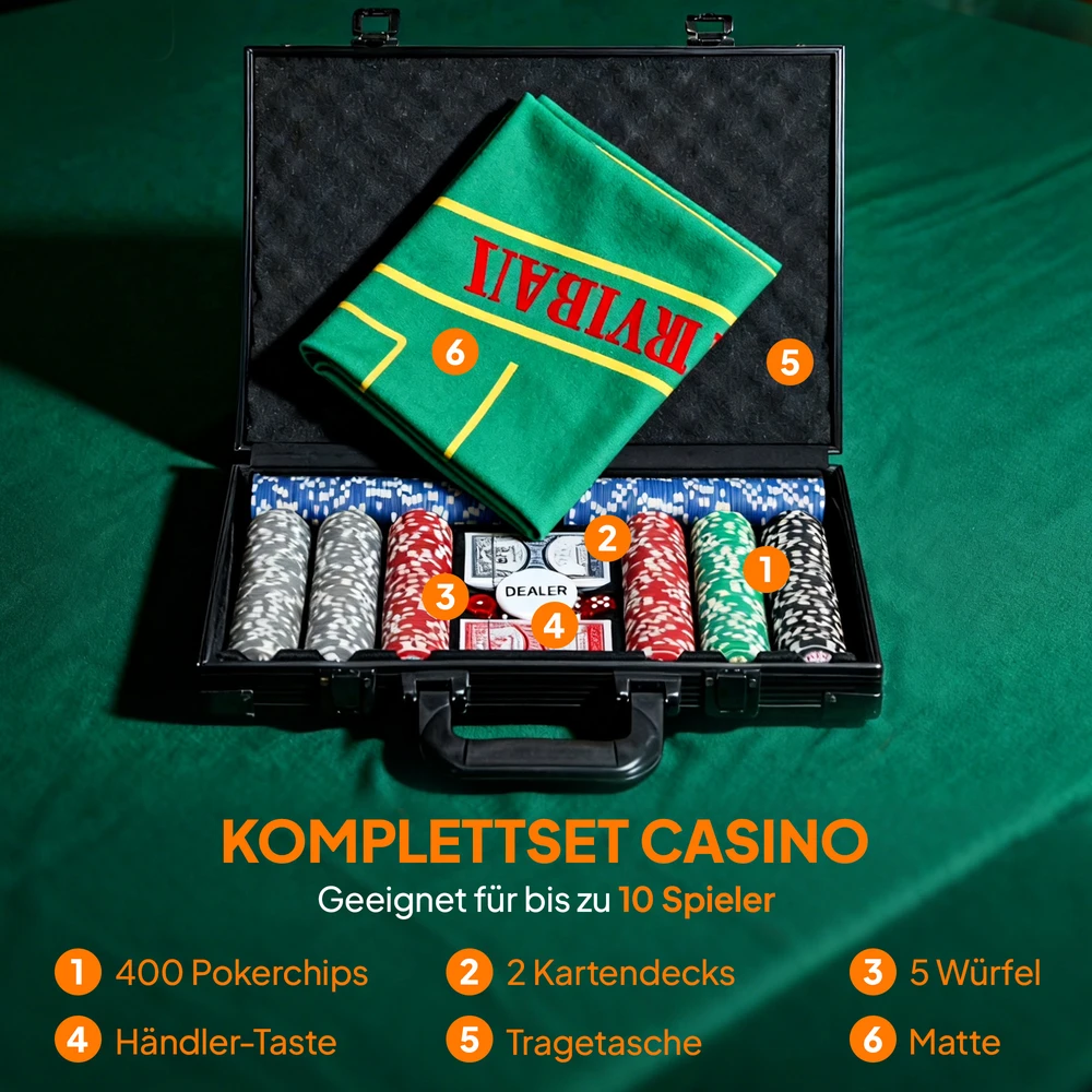 Aosom Pokerio rinkinys, nešiojamas lagaminas, 400 žetonų, 2 kortų kaladės, 5 kauliukai, dalintojo diskas, pagrindas, pilka
