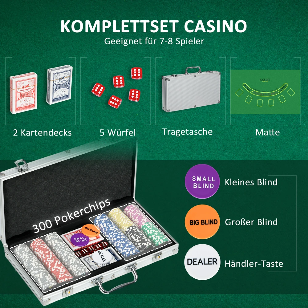 Aosom Pokerio rinkinys su 300 žetonų, 2 kortų kaladėmis, 5 kauliukais, sidabrinis