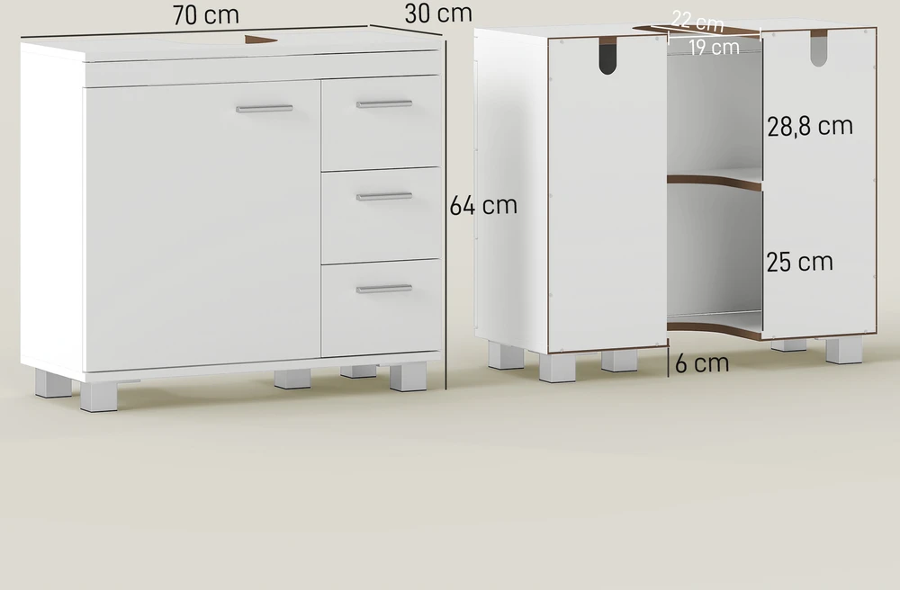 Aosom Praustuvo spintelė, 2 lentynos, 3 stalčiai, MDF, balta, 70 x 30 x 64 cm