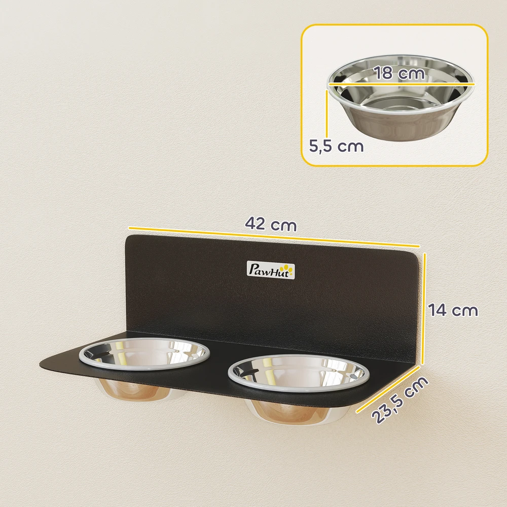 Aosom Prie sienos tvirtinamas šunų dubenėlių rinkinys su 2 x 800 ml nerūdijančio plieno dubenėliais, juodas, 42 x 23,5 x 14 cm