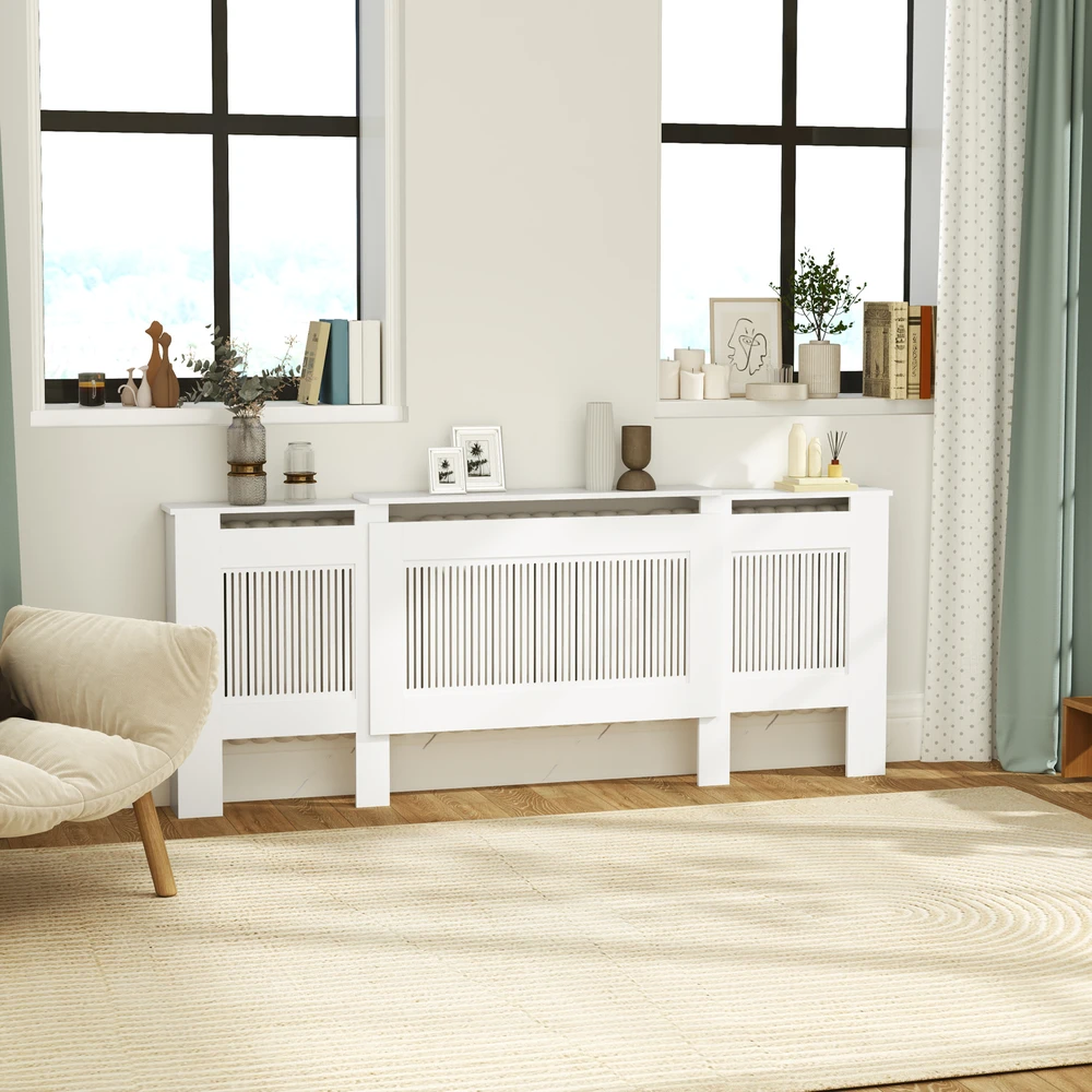 Aosom Radiatoriaus gaubtas su lamelėmis, reguliuojamas ilgis 125-201 cm, MDF, baltas