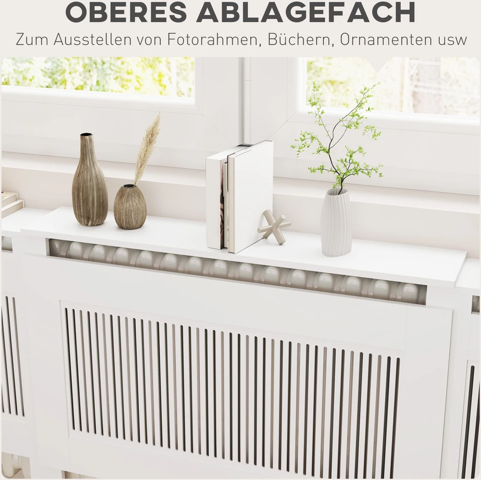 Aosom Radiatoriaus gaubtas su lamelėmis, reguliuojamas ilgis 125-201 cm, MDF, baltas
