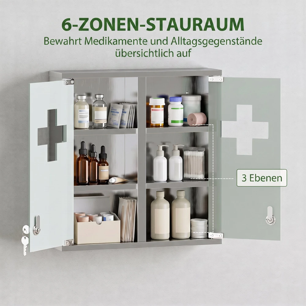 Aosom Rakinama vaistinėlės spintelė su stiklinėmis durimis, 6 lentynos, sidabrinė, 46 x 12 x 48 cm