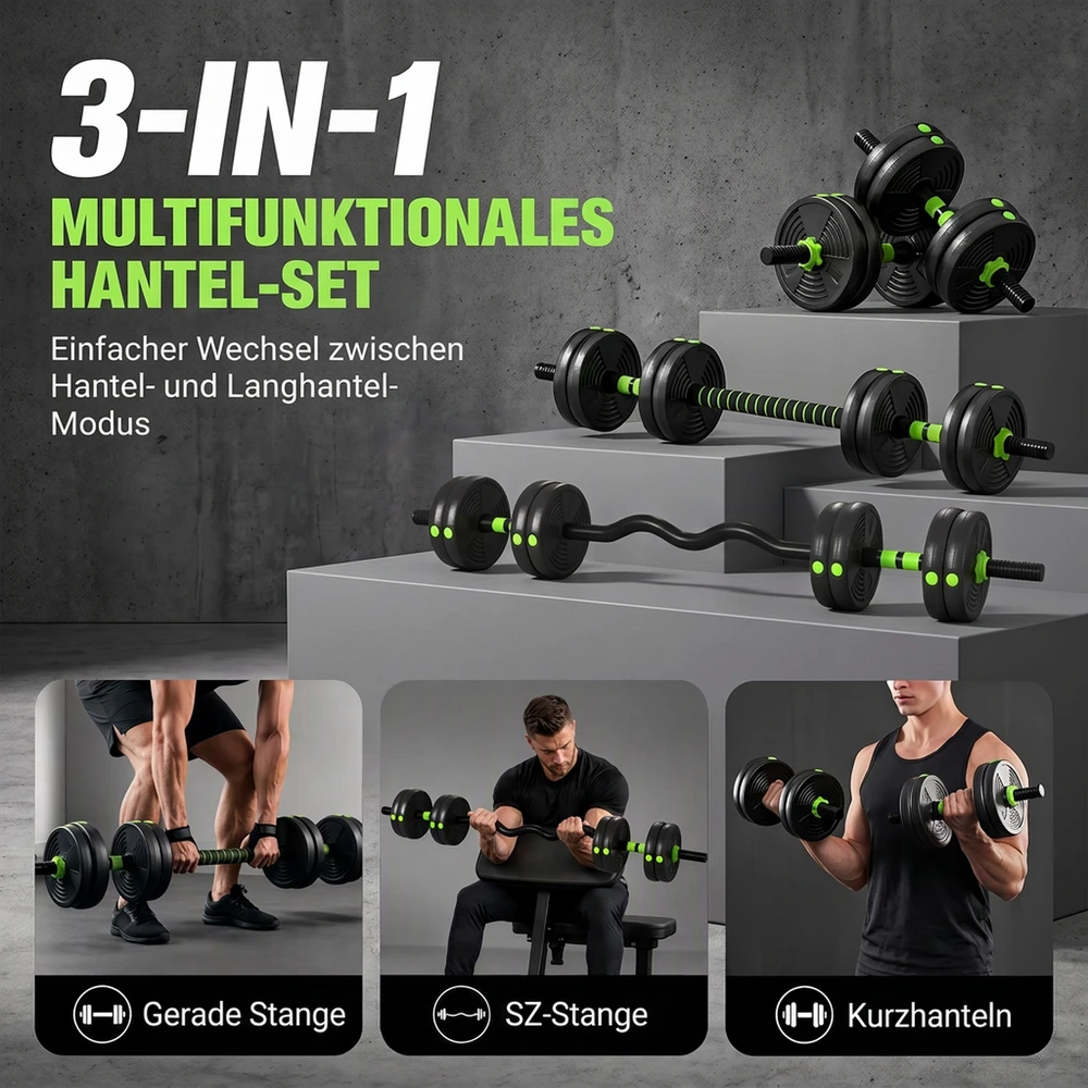 Aosom Reguliuojamas hantelių ir štangos rinkinys, 15 kg, 3 viename, žalias