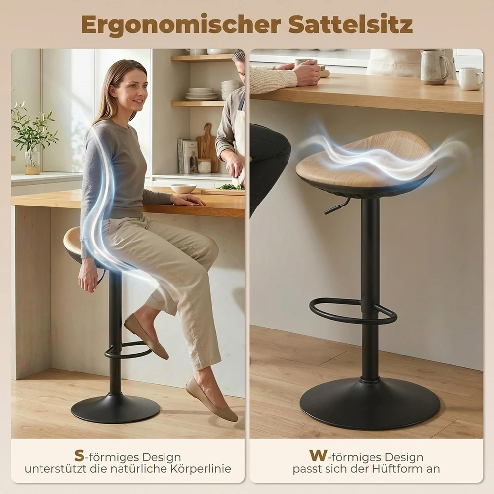 Aosom Reguliuojamo aukščio baro kėdės, 2 vnt., pasukamos, ąžuolo ir juodos spalvos, 59-80 cm