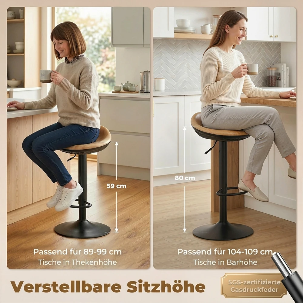 Aosom Reguliuojamo aukščio baro kėdės, 2 vnt., pasukamos, ąžuolo ir juodos spalvos, 59-80 cm