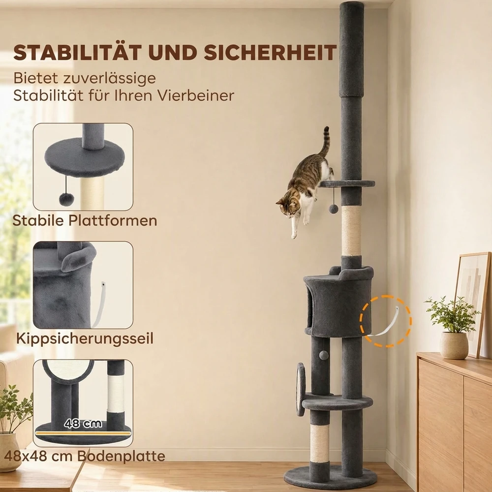 Aosom Reguliuojamo aukščio kačių draskyklė iki lubų, tamsiai pilka, 48 x 48 x 225-255 cm
