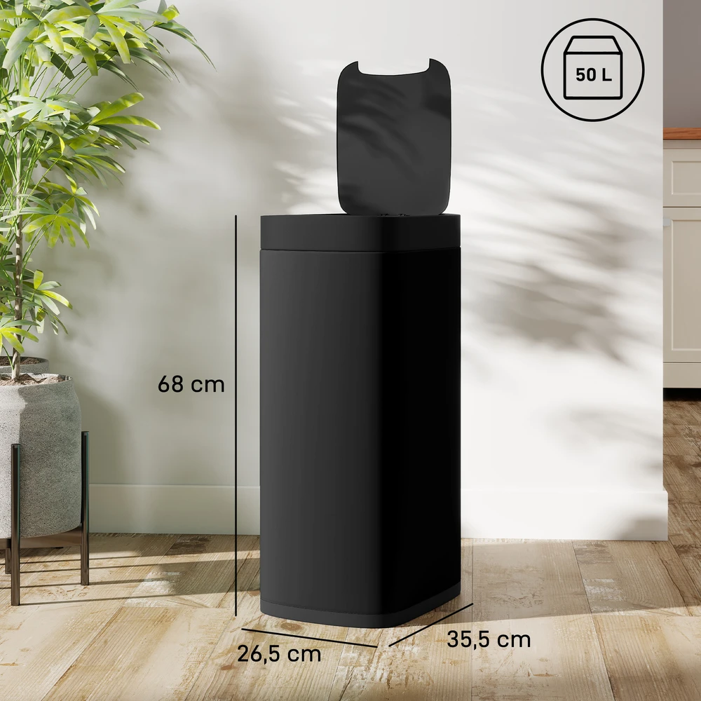 Aosom Sensorinė šiukšliadėžė, 50 l, juoda, metalas ir ABS, 26,5 x 35,5 x 68 cm