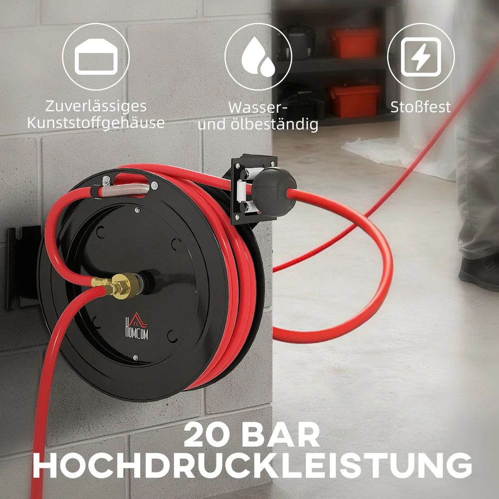 Aosom Sieninis sodo žarnos ritė, automatinis susitraukimas, 20 bar, 15+1 m žarna, metalas, juoda ir raudona
