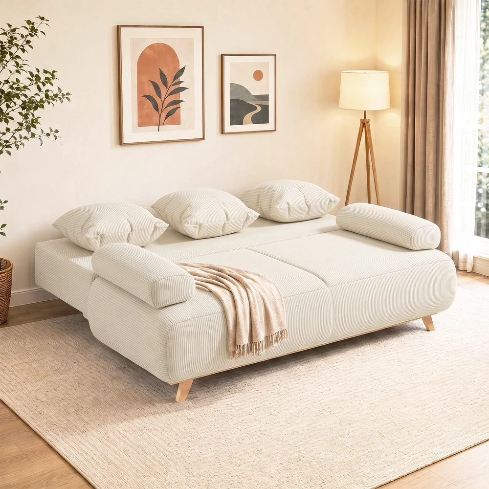 Aosom Sofa-lova su reguliuojamu atlošu, paslėpta daiktadėže ir velvetiniu korduro užvalkalu, smėlinė, 188 x 100 x 84 cm