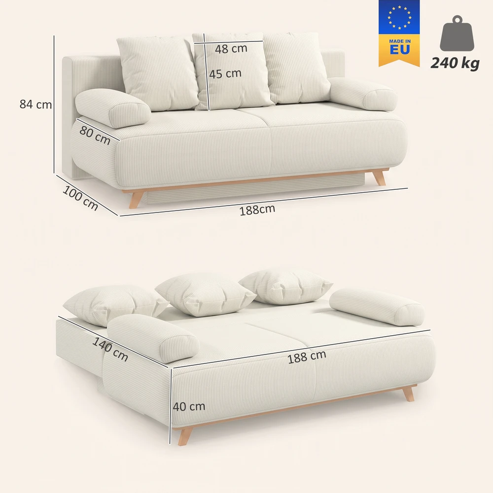 Aosom Sofa-lova su reguliuojamu atlošu, paslėpta daiktadėže ir velvetiniu korduro užvalkalu, smėlinė, 188 x 100 x 84 cm