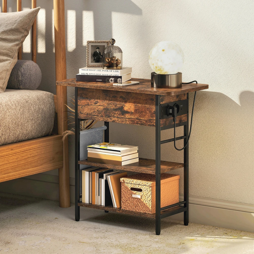 Aosom Šoninis staliukas su įkrovimo stotele, 2 lygiai, USB jungtys, 60 x 29,8 x 58,5 cm, rustikinė ruda
