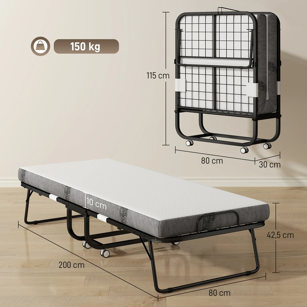 Aosom Sulankstoma svečių lova su čiužiniu, 80 x 200 cm, balta/juoda, plieno rėmas, 10 cm putplasčio čiužinys, iki 150 kg
