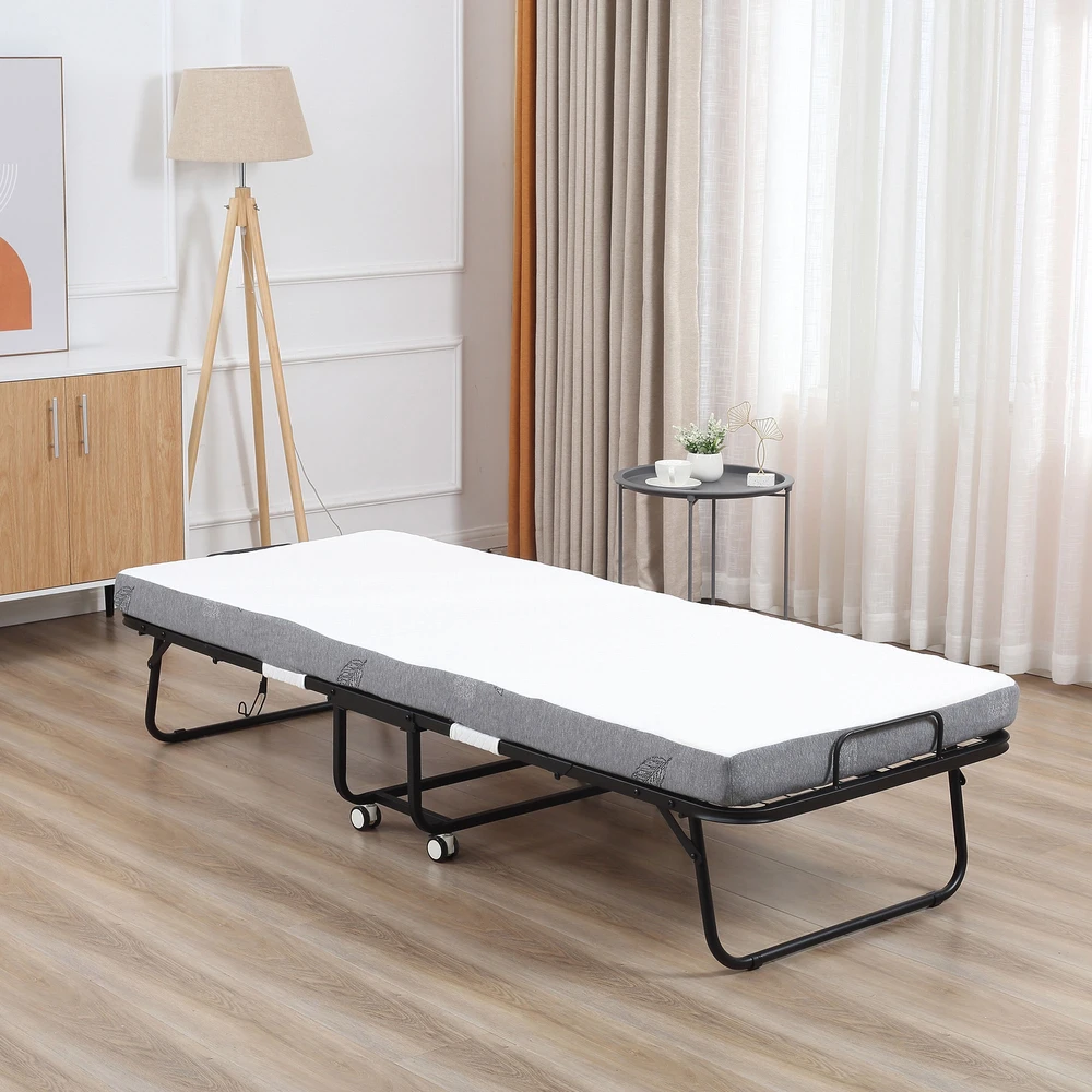 Aosom Sulankstoma svečių lova su čiužiniu, 80 x 200 cm, balta/juoda, plieno rėmas, 10 cm putplasčio čiužinys, iki 150 kg