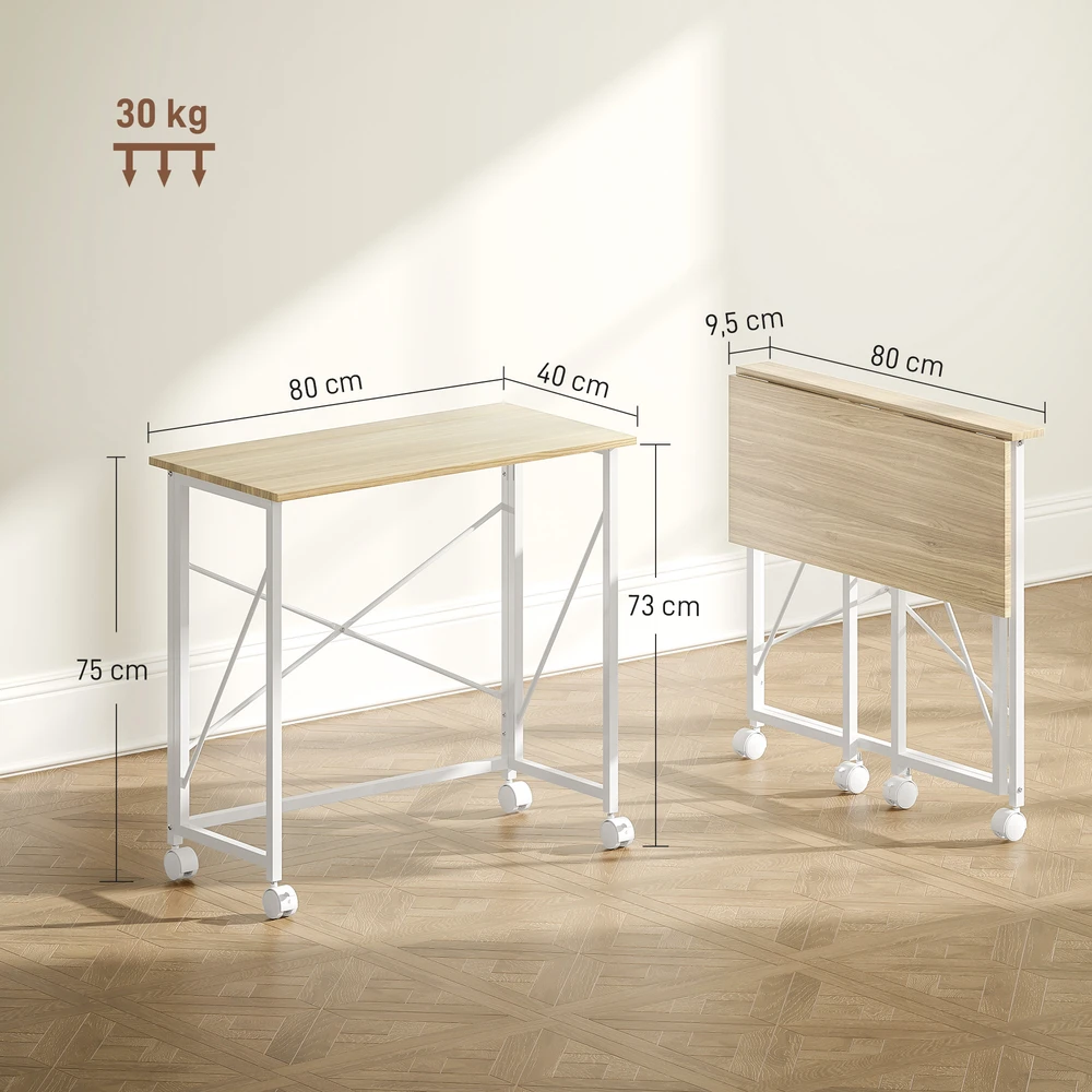 Aosom Sulankstomas rašomasis stalas su ratukais, natūralus, 80 x 40 x 75 cm