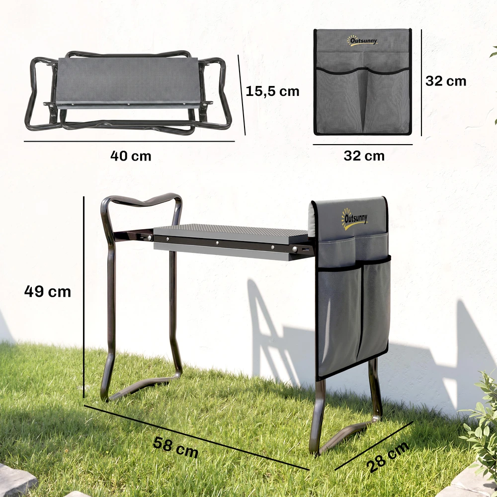 Aosom Sulankstomas sodo klauptas ir sėdynė su įrankių krepšiu, pilkas, iki 150 kg