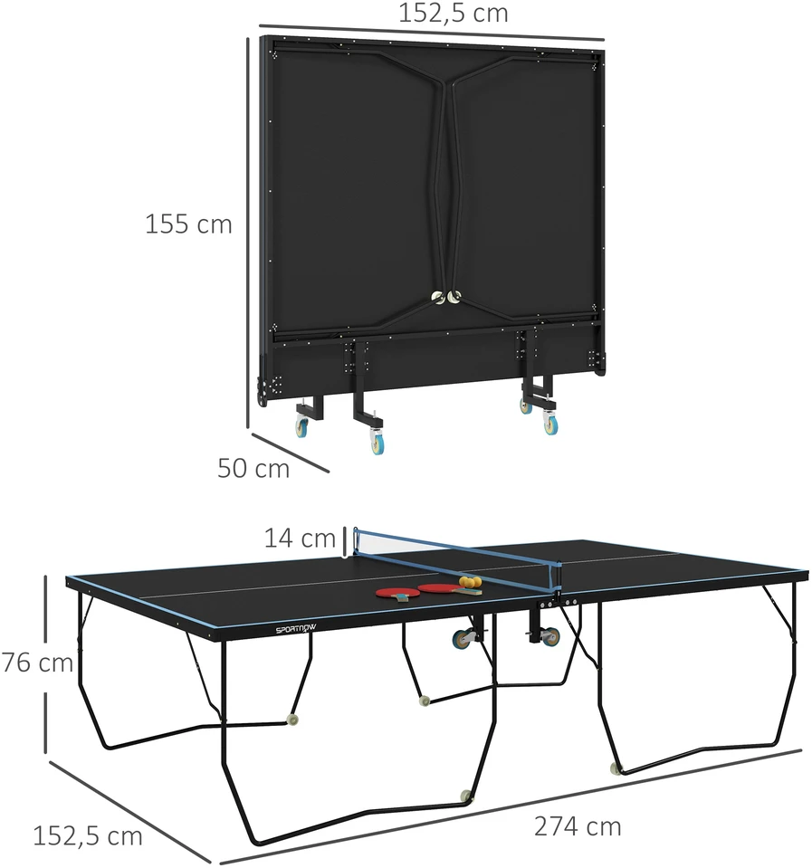 Aosom Sulankstomas stalo teniso stalas, 8 ratai, MDF, plieno rėmas, juodas, 274 x 152,5 x 76 cm