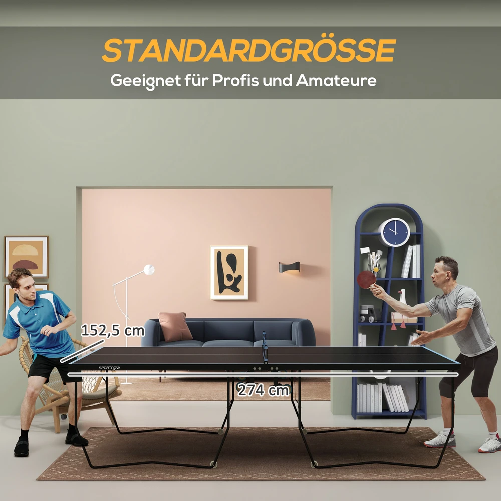 Aosom Sulankstomas stalo teniso stalas, 8 ratai, MDF, plieno rėmas, juodas, 274 x 152,5 x 76 cm