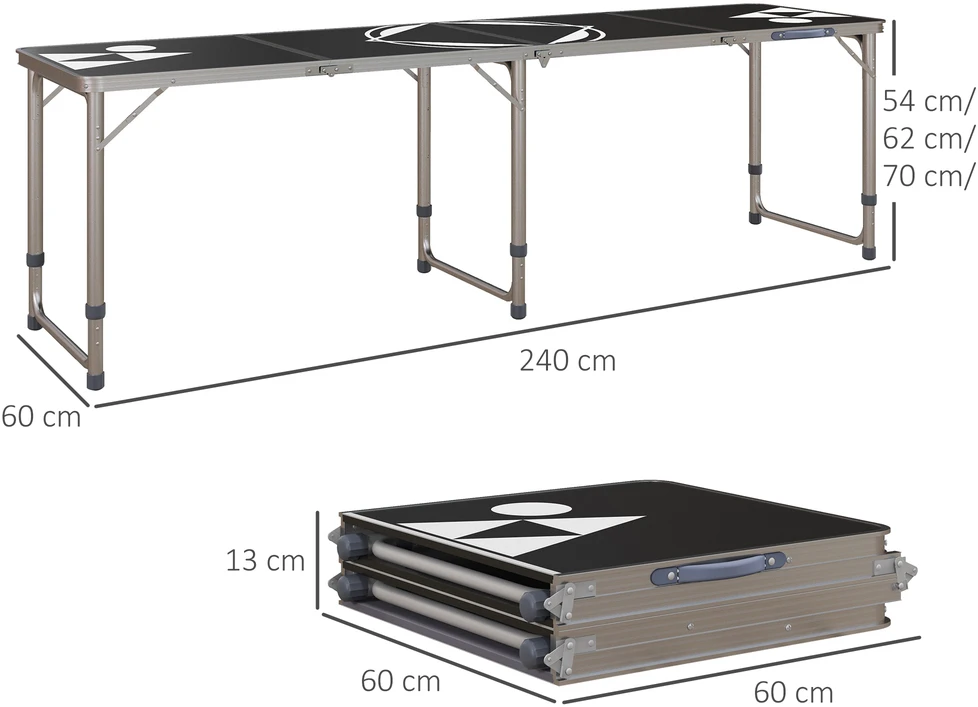 Aosom Sulankstomas stovyklavimo stalas, lengvas, reguliuojamo aukščio, aliuminio rėmas, juodas, 240 x 60 x 54/62/70 cm