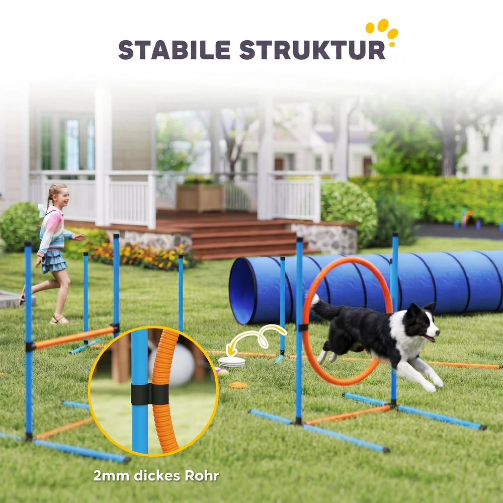 Aosom Šunų agility treniruočių rinkinys, 8 dalių, su tuneliu, slalomo stulpais, reguliuojamomis kliūtimis, šuolio žiedu ir dubeniu, oranžinis/mėlynas/juodas