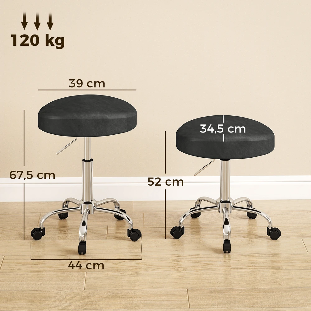 Aosom Taburetė su ratukais, reguliuojamo aukščio, PU danga, juoda, 52-67,5 cm