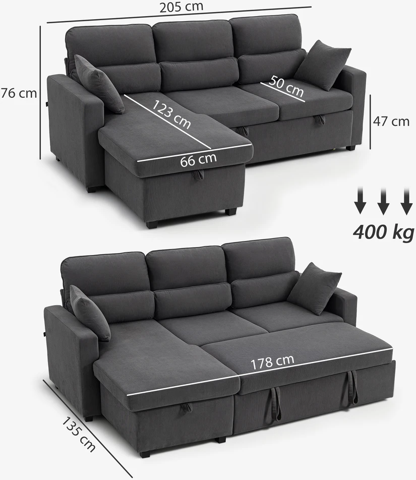Aosom Tamsiai pilka kampinė sofa-lova su keičiama daiktadėže, 205 × 135 cm