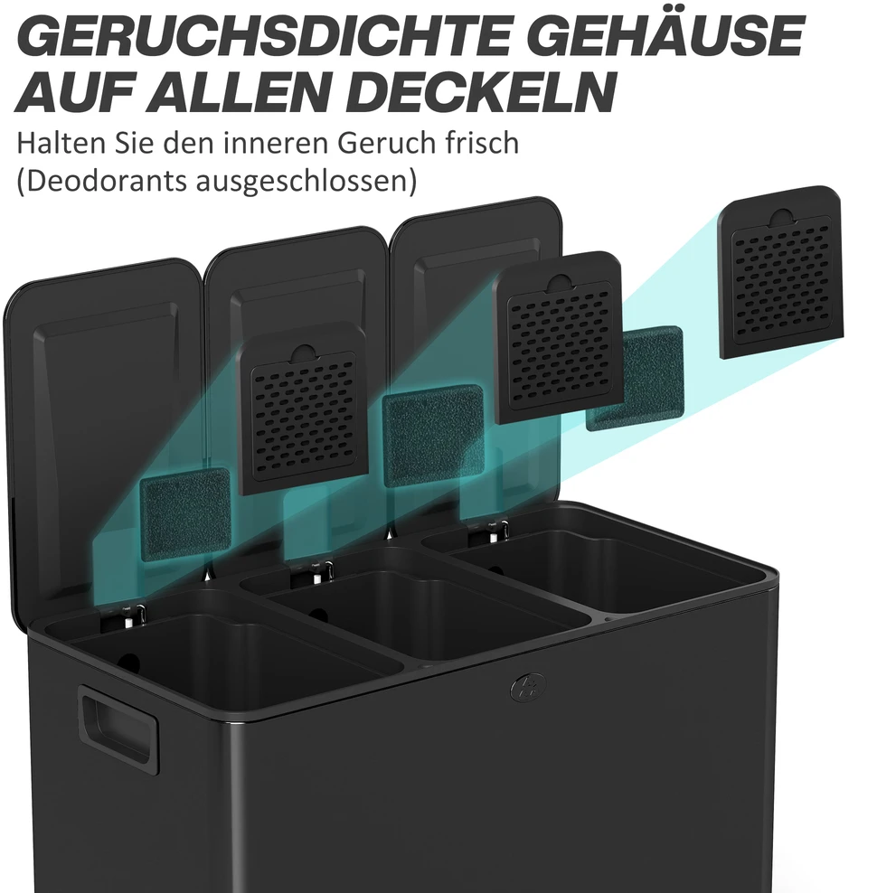 Aosom Trijų skyrių šiukšliadėžė su pedalu, 3 x 20 l, juoda, nerūdijantis plienas / plastikas