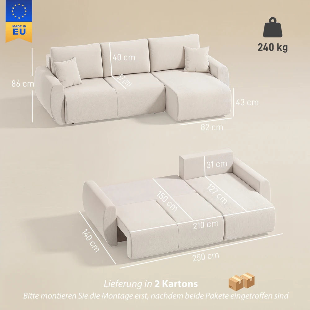 Aosom Trivietė L formos sofa-lova su keičiama šezlongo puse ir daiktadėže, kreminė balta